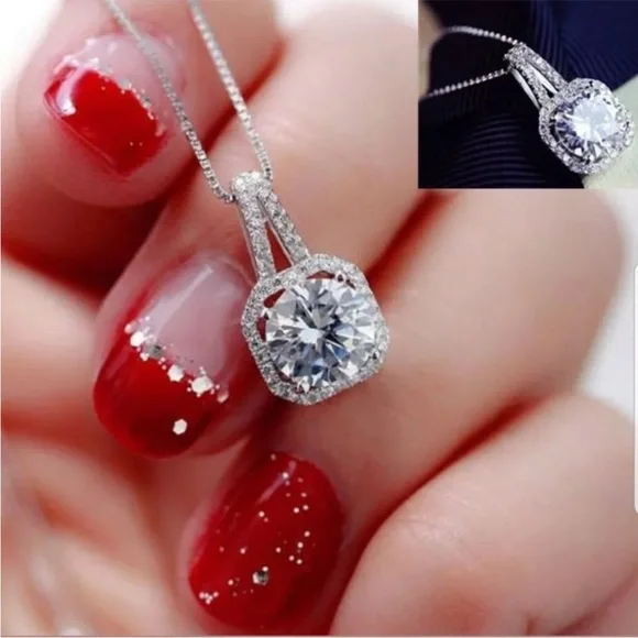 New Silver women halo diamond pendant necklace - Picture 2 of 6